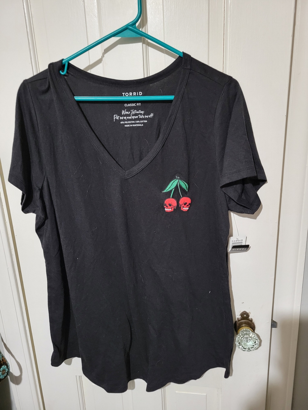 Torrid Black V-Neck Tee with Cherry Skull Embroidery